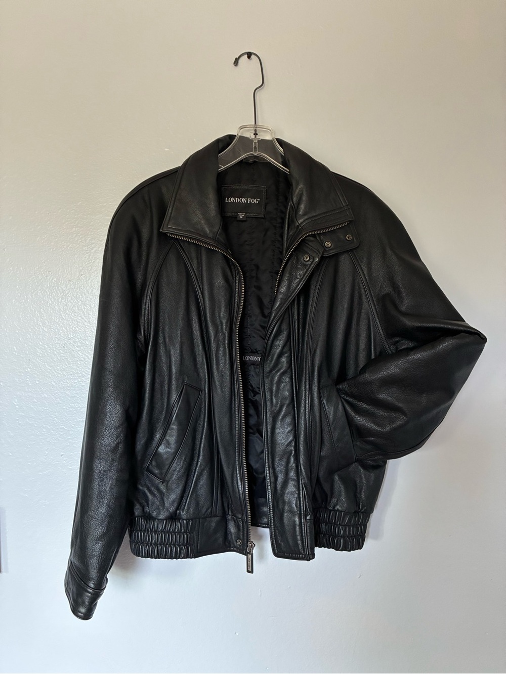 London Fog Black Leather Bomber Jacket with Quilted Lining